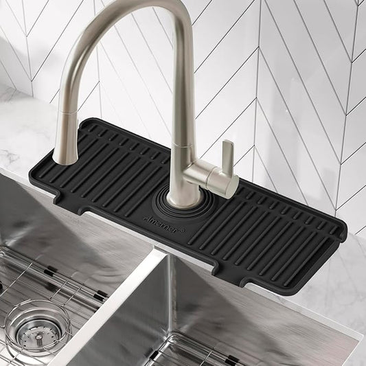 Amerner Kitchen Sink Splash Guard, 10° Large Slope & Adaptable Hole Faucet Mat for Kitchen Sink, Silicone Sink Organizer Sponge Holder for Kitchen