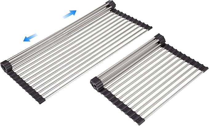 Large Telescopic Drain Rack Roll Up Rack Heat-Resistant Dish Drainer Kitchen Sink Rack Over the Sink Dish Drying Rack Stainless Steel Dish Rack (18 Tube 21.25''x12.79'')