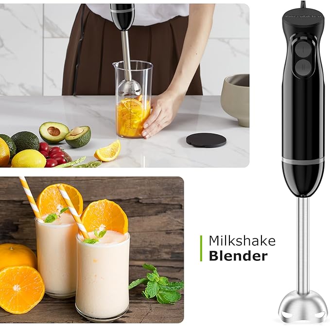 Bonsenkitchen Immersion Blender Handheld, 2 Mixing Speed Hand Blender Electric with Sharp Blades, 3-In-1 Hand Held Stick Blender with Egg Whisk, 24oz Beaker for Soups, Smoothies, Sauce