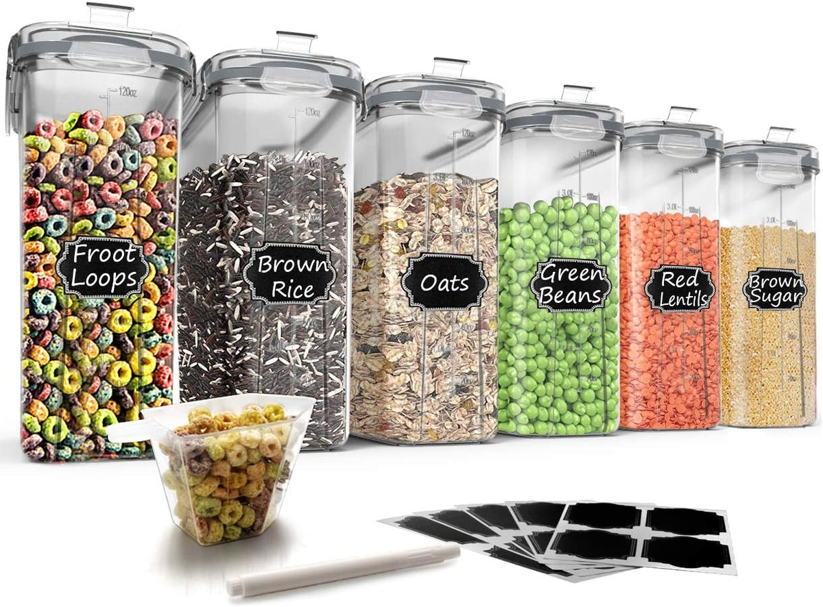 Cereal Storage Containers Set, Large BPA Free Plastic Airtight Food Storage Containers 4L /135.3oz for Flour, Sugar, 6 Piece Set Cereal Dispensers with 20 Labels & Marker, Grey