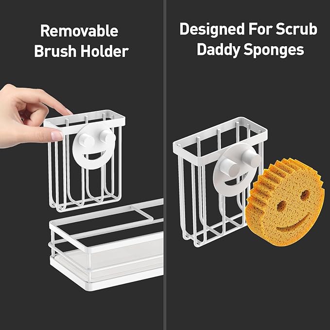 Moforoco Kitchen Dish Soap Dispenser Set, 16OZ Glass Bottle, Hand and Dish Soap Dispenser Set, Instant Dry Tray, Brush Holder with Smiley Face Sponge Holder (White Tray+Black&White Bottle)