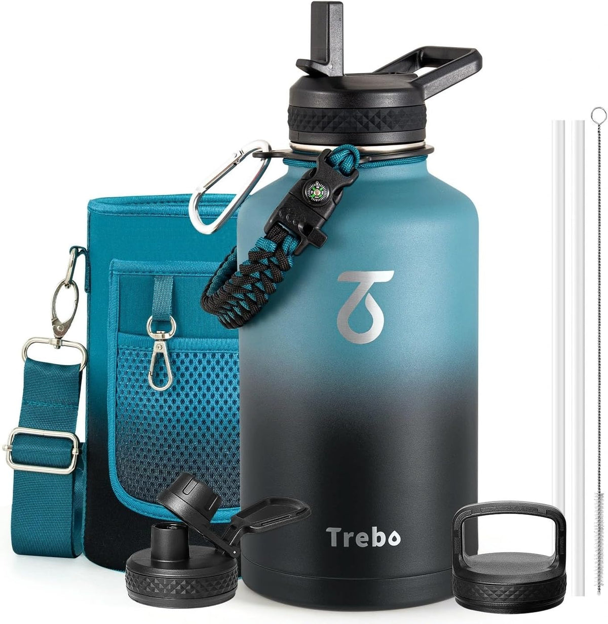 64 oz Water Bottle Stainless Steel with 3 Lids, Paracord Handle & Bag