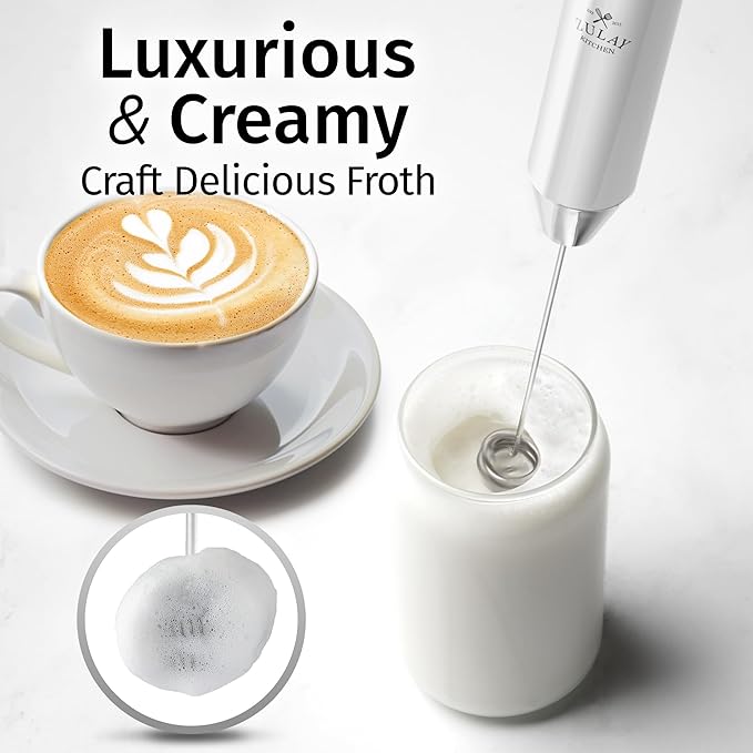 Zulay Kitchen Rechargeable Milk Frother Handheld - Frother Wand, Drink Mixer, Electric Whisk Frother, for Cappuccinos, Matcha & Protein Powder - Lux 4 Whisk 2 Speed Waterproof 2000mAh White