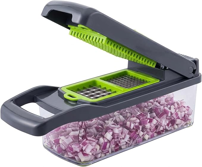 14-in-1 Vegetable Chopper and Onion Slicer, Mandolin Slicer with Container, Multi-Functional Food Dicer, Gray, Stainless Steel Blades