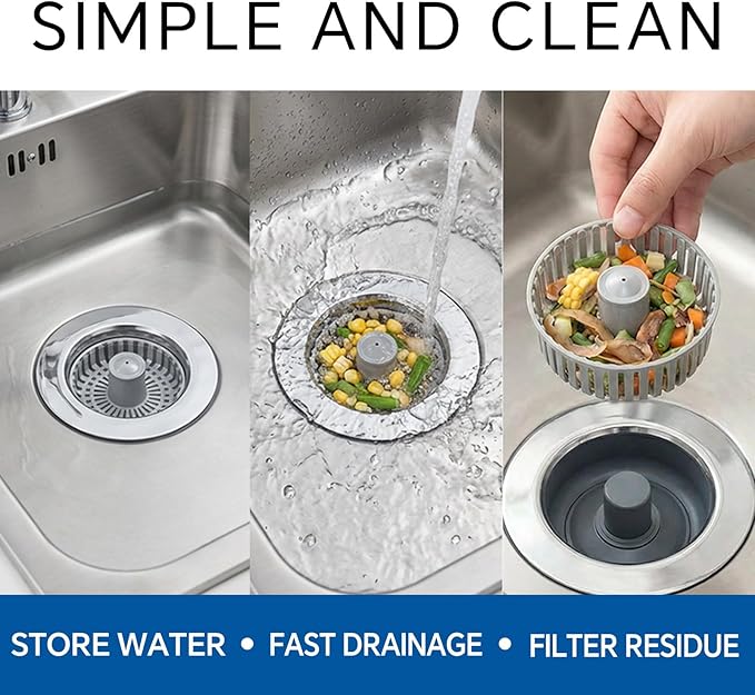 Kitchen Sink Stopper, 3 in 1 Pop Up Kitchen Sink Drain Strainer, with an Extra Basket Strainer, Sink Drain Stopper for US Standard 3-1/2 Inch, Brass Material Electroplate (Silver 2pcs)