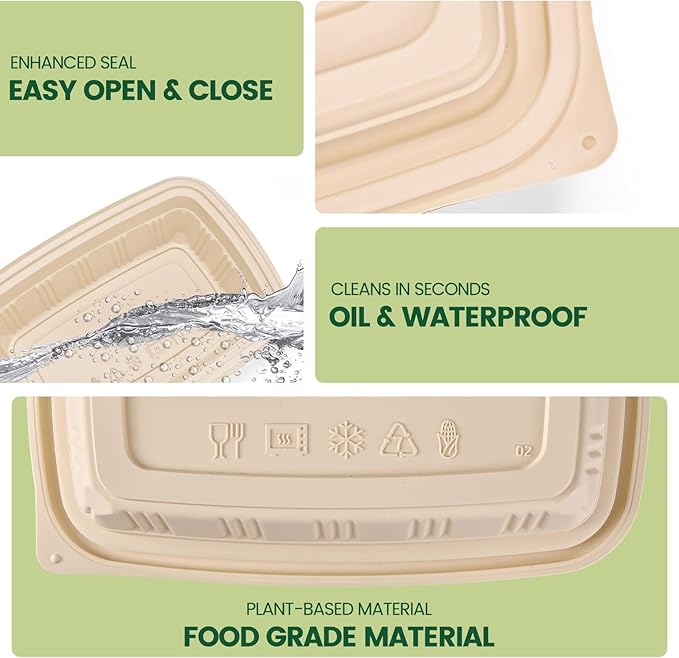 50 Pack (100 Piece) Food Containers with Lids, 22oz Meal Prep Containers Reusable Plant-based Cornstarch Lunch Box BPA Free Small Disposable Take Out Togo Boxes for Salad Microwave & Freezer Safe