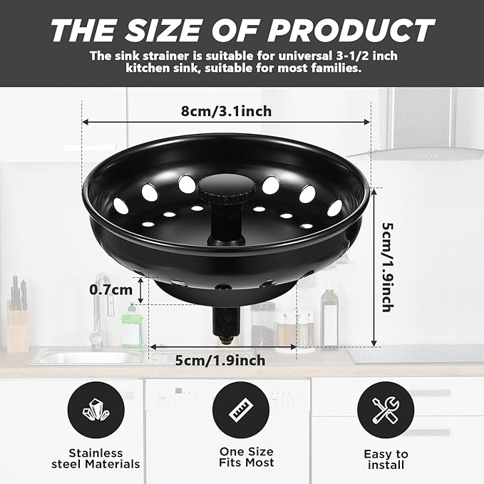 Retisee 2 Pcs Kitchen Sink Stopper Strainer Stainless Steel Drain Strainers for Universal 3-1/2 Inch Kitchen Sink Drain Replacement(Matte Black)