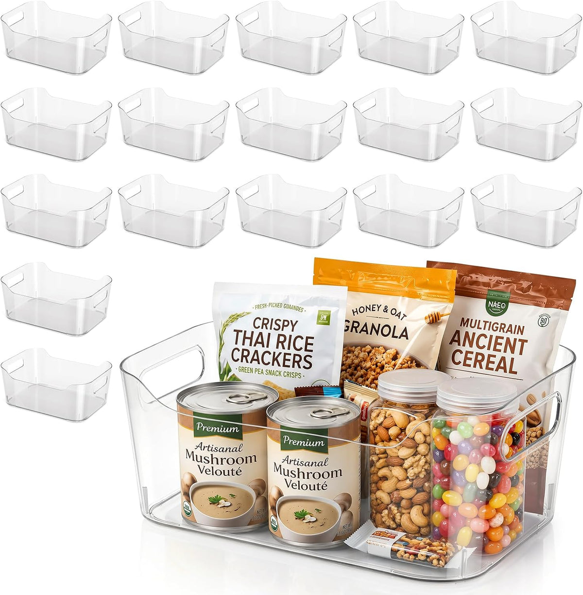 18 Pack Clear Plastic Storage Bins Pantry Organizers for Kitchen Bathroom