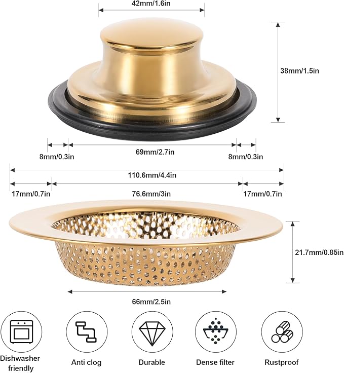 RQYEKDO Kitchen Sink Strainers Sink Stopper Kits, Stainless Steel Sink Drain Strainer Set, Large Wide Rim 4.4" Diameter Food Catcher Garbage Disposal Plug for Most Sink Drains Basket Filter (Gold)