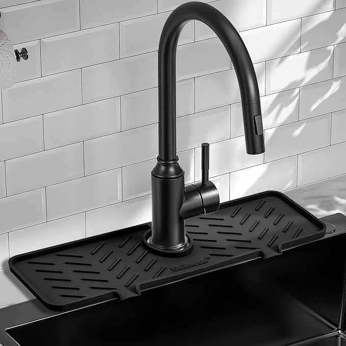 Silicone Faucet Mat for Kitchen Sink – Gen 2 Splash Guard with Upgraded Outlet & Slope – 18” x 5.1” Water Catcher & Sink Sponge Holder for Kitchen and Bathroom (Black)