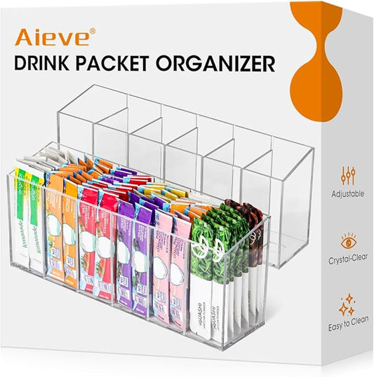AIEVE 2 Pack Drink Packet Organizer, Water Drink Packet Holder with Removable Dividers for Pantry Organizers and Storage