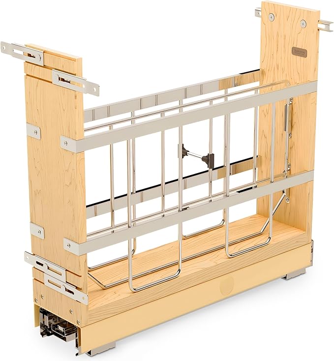 Rev-A-Shelf 5" Pullout Wooden Bakeware Organizer w/Ball Bearing Soft-Close for Full Height Base Kitchen Cabinets, Foil Wrap/Tray Divider, Min Opening Width of 5.5", 447-BCBBSC-5C