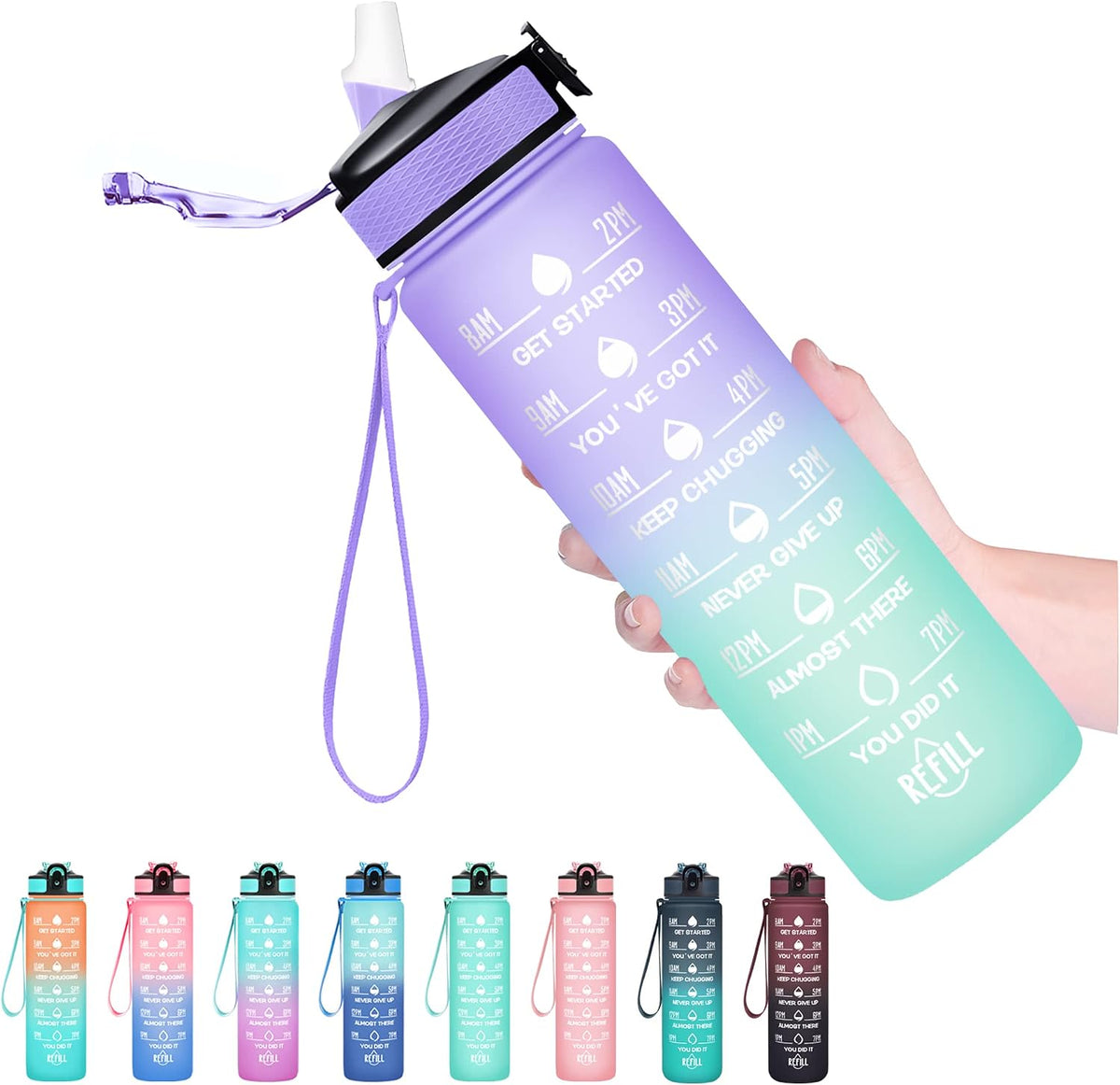 Water Bottle with Straw & Time Marker, Plastic 32oz Leakproof
