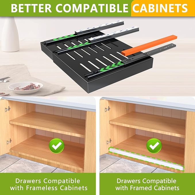 Mlinavn 2 Pack Pull Out Cabinet Organizer,21" Deep Slide Out Drawer Organizers,No Drill Pull Out Drawers Adhesive with Nano Compatible Framed Cabinets Shelves for Kitchen Pantry Adjustable Width