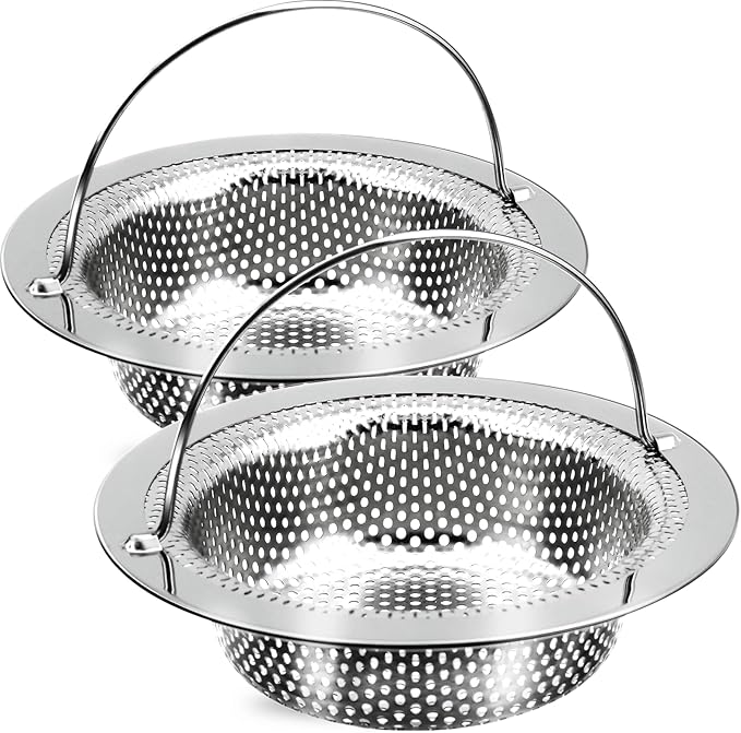 2 Pack Kitchen Sink Drain Strainer with Handle, Stainless Steel Large Kitchen Sink Drain Basket Food Catcher, Outer Diameter 4.5 Inch, Rust Free