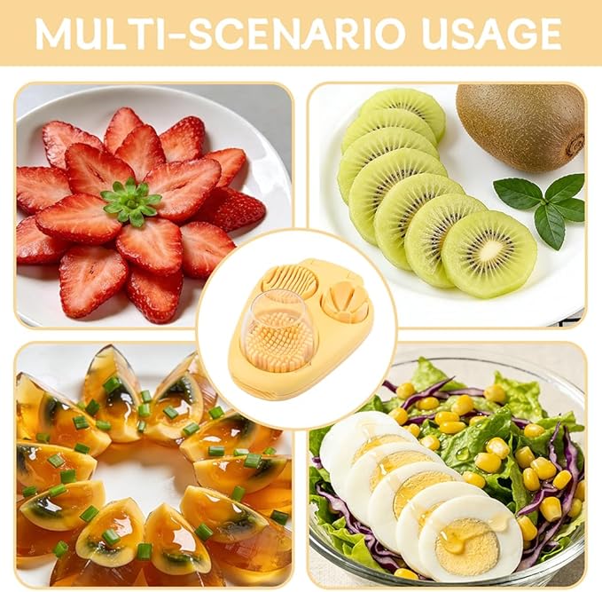 3 in 1 Boiled Egg Slicer, Manual Egg Slicer for Hard Boiled Eggs, 3 Slice Modes Chopper Cutter Stainless Steel Dicer, Kitchen Gadget for Butter Strawberry Tomato, Labor Saving (Yellow)