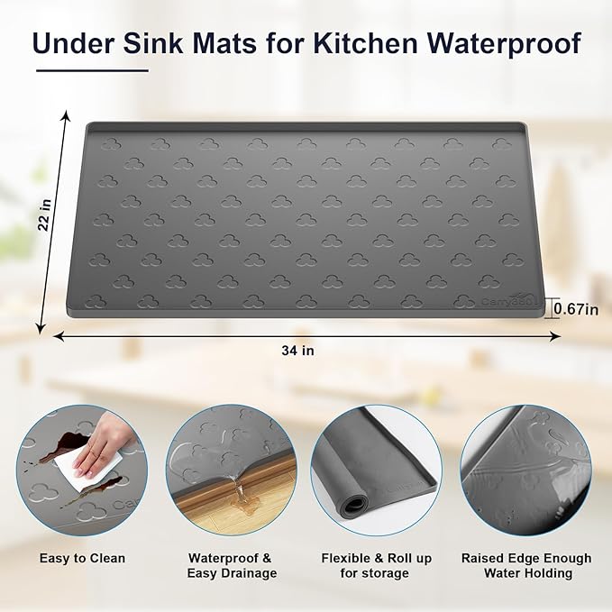 Under Sink Mat - Waterproof Kitchen Cabinet Tray - 34" x 22" Flexible Silicone Under Sink Liner - Kitchen Bathroom Cabinet Mat and Protector for Drips Leaks Spills