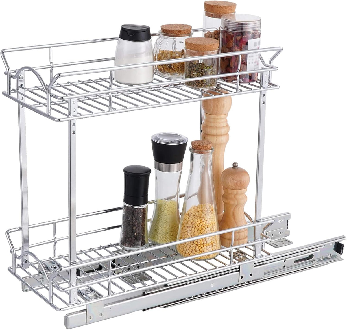 Slide Out Cabinet Organizer for Narrow Cabinet (5" W X 17" D), 2 Tier Pull Out Shelves Slim Sliding Cabinet Organizer and Storage, Chrome