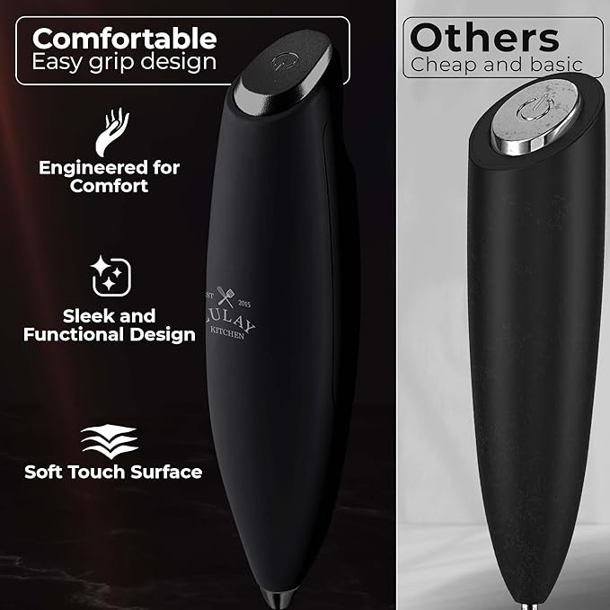 Zulay Kitchen Powerful Milk Frother Wand With Duracell Batteries - Ultra Fast Handheld Drink Mixer - Electric Whisk Foam Maker for Coffee, Lattes, Cappuccino & Matcha - Triple Whisk - Midnight Elite