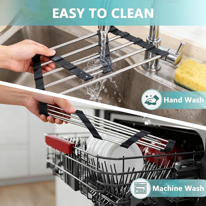 Credon Triangle Roll Up Dish Drying Rack, Foldable Multipurpose Corner Sink Caddy, Stainless Steel Anti Slip and Rust Proof Kitchen Sink Drainer Organizer, Small Space Solutions (Black)