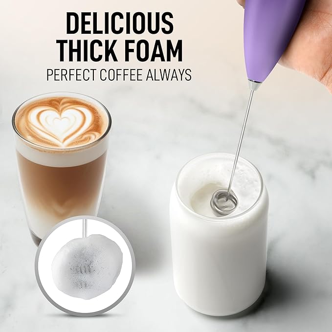 Zulay Kitchen Powerful Milk Frother Wand With Duracell Batteries - Ultra Fast Handheld Drink Mixer - Electric Whisk Foam Maker for Coffee, Lattes, Cappuccino & Matcha - Double Whisk - Black Purple
