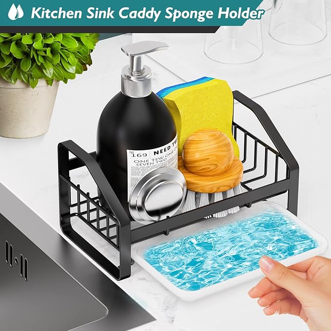 BSKSSK Sink Caddy, Sponge Holder for Kitchen Sink, Bathroom Sink Organizer, 304 Stainless Steel Kitchen Countertop Organizer Soap Tray with Removable Drain Tray-Black