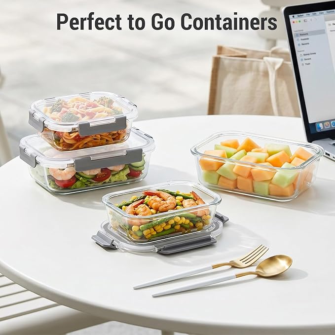 Dealusy 10 Sets (20-Piece) Glass Meal Prep Containers with Lids, Five 36 oz & Five 12 oz Airtight Leak-proof Glass Food Storage Containers with lids, Microwave Oven Freezer Dishwasher Safe, Gray