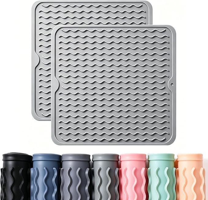 CAKETIME 2 Pack Silicone Dish Drying Mat for Kitchen Counter Heat Resistant Quick Dry Pads Hot Dishes Waterproof with Under Sink Rack Soap Holder Coffee Accessories Women Gifts 12"x12" Light Gray