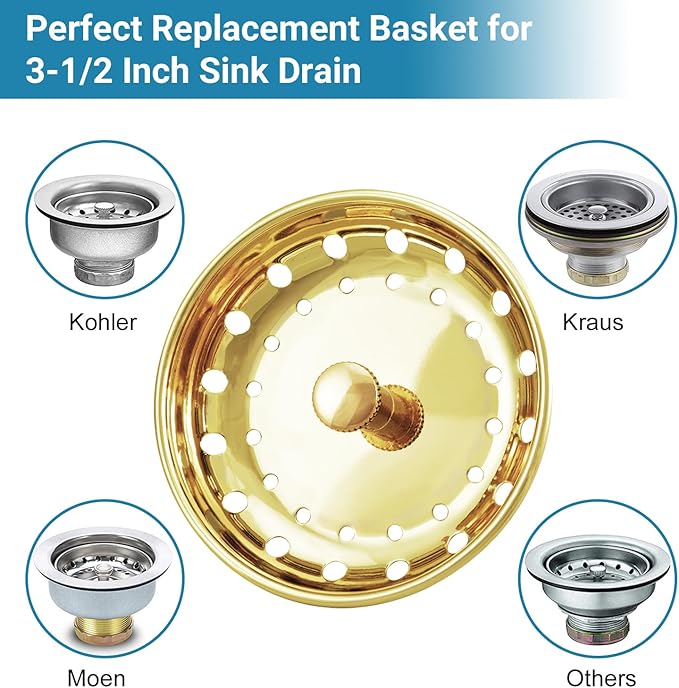 KONE Sink Drain Strainer Gold Sink Stopper and Strainer Stainless Steel Kitchen Sink Strainer Basket Replacement for 3-1/2 Inch Kitchen Sink, with Metal Center Knob and Rubber Drain Stopper
