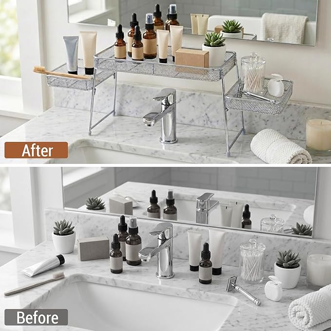 MyGift Chrome Plated Metal Over the Sink Organizer Shelf Rack, 3 Tiered Bathroom or Kitchen Sink Storage Display Caddy