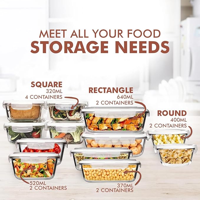 Razab 24 Pc Airtight Glass Food Storage Containers - Glass Meal Prep Containers - Freezer to Oven Safe - Steam Release Valve BPA Free - Airtight Bento Boxes - Leak Proof (12 lids & 12 Containers)