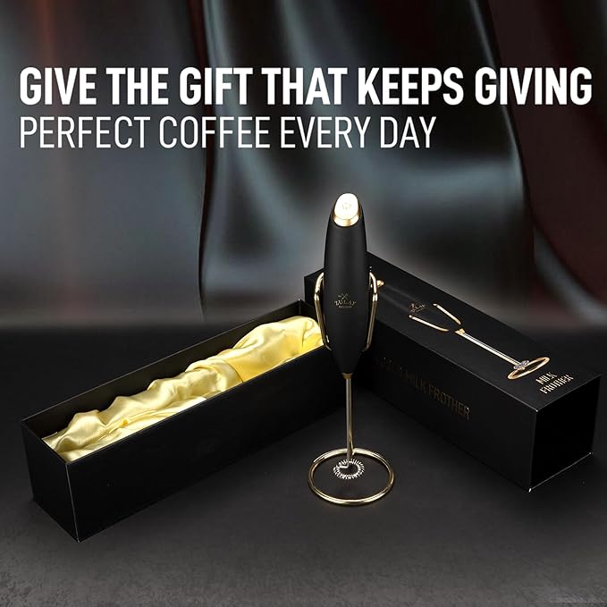 Zulay Kitchen Powerful Milk Frother Wand With Duracell Batteries - Ultra Fast Handheld Drink Mixer - Electric Whisk Foam Maker for Coffee, Lattes, Cappuccino & Matcha - Z1 Motor - Exec Black Gold