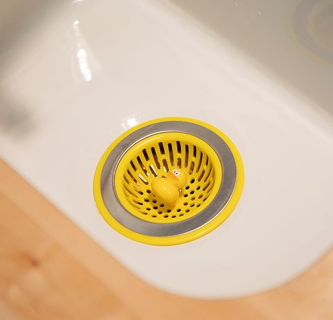 Joie Quack Kitchen Sink Strainer Basket, Fits All Standard Sinks, Stainless Steel, Cute Garbage Disposal Drain Cover, 4.5-Inch, Yellow Duck