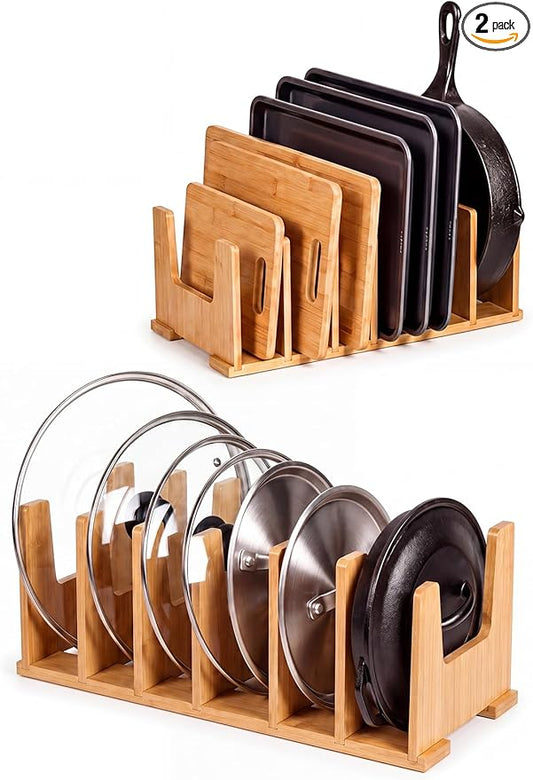 2 Pack Bamboo Pot Lid Organizer Rack, 14" x 7" x 5" Bamboo Pan Lid Holder with 2" Spacing Dividers, Keeps Lids Upright, Pot Lid Organizer for Drawer & Cabinet, Caraway Lid Organizer