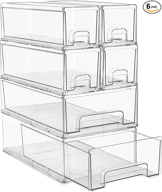 Sorbus 2 Medium & 4 Small Clear Stackable Storage Drawers – Plastic Organizer Bins with Handles – Stackable Pull-Out Storage Drawers for Closet, Pantry, Office, Bathroom, Craft, and Toy Organization