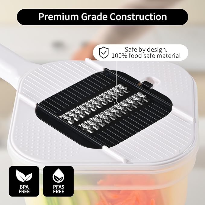 Vegetable Chopper, 3 Blade Veggie Chopper with 7.6 Cup Container, Mandoline Slicer Fruit Cutter with Strainer Basket & Safety Holder, BPA & PFAS Free Food Chopper for Onion Potato Carrot