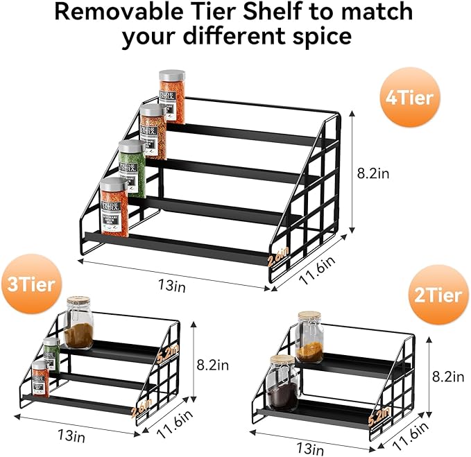Bunoxea Spice Rack 4 Tier Kitchen Cabinet Organizer,Countertop Spice Rack,Tier Depth Adjustable Cabinet Shelf,Step Spice Organization Easy Visibility,Holds Seasoning and Condiments 2Pack