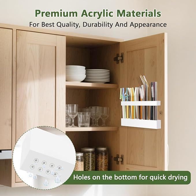 Malldii 9.5" Large Acrylic Straw Holder for Cabinet Door - Reusable Tumbler Straw Organizer Storage, Small Kitchen Accessories Container, Ultra Sticky Cupboard Door Mounted (White)