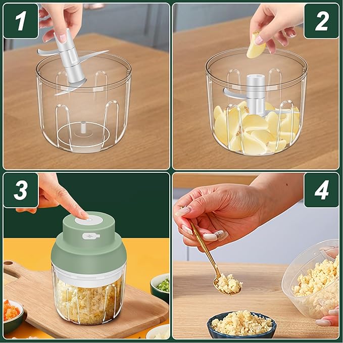 Electric Garlic Chopper, 250ML Garlic Mincer with Egg Beater, Mini Portable Vegetable Chopper, Onion Grinder Masher, USB Small Food Processor for Veggie, Garlic, Ginger, Chili(Green)
