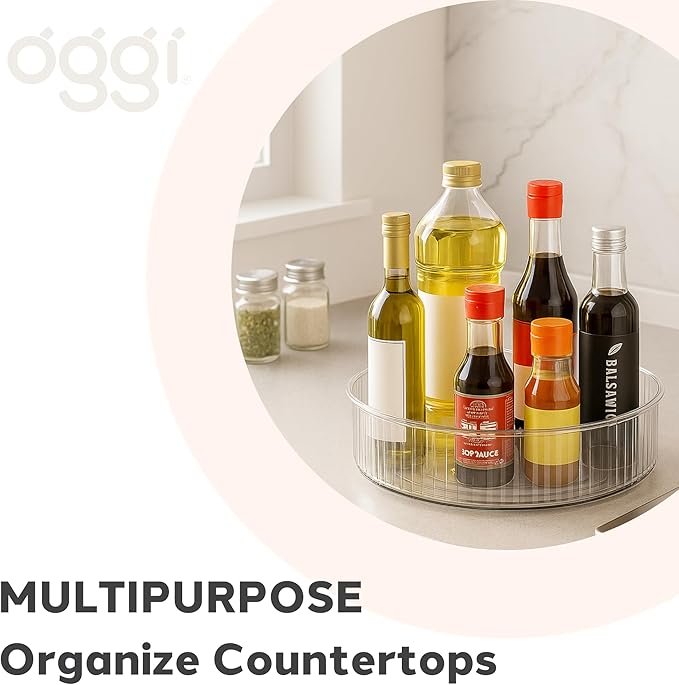 Oggi 12" Divided Fluted Lazy Susan Turntable Organizer – Clear Rotating Cabinet Organizer with Removable Divider for Kitchen, Pantry, Fridge, Bathroom, Spices, Makeup, Perfume & More