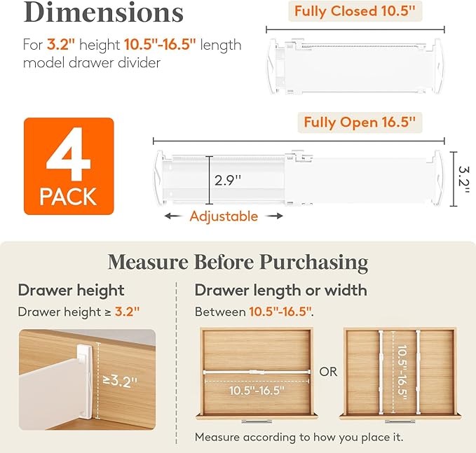 Lifewit Drawer Dividers for Clothes, 3.2" High 10.5"-16.5" Expandable Dresser Drawer Organizers, Adjustable White Plastic Separators for Kitchen, Cabinet, Nursery, Socks & Underwear Storage, 4 Pack