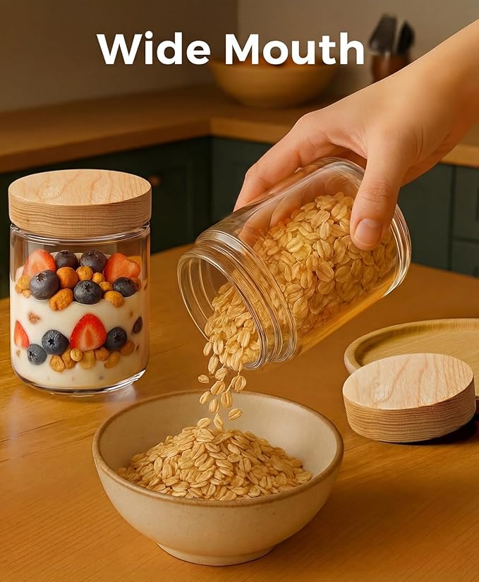 16oz 4 Pack Overnight Oats Containers with Lids, Glass Mason Jars with Ashwood Wood Airtight Lids, Wide Mouth Meal Prep Storage Jars for Yogurt, Chia Pudding, Salad, Snacks, Spice