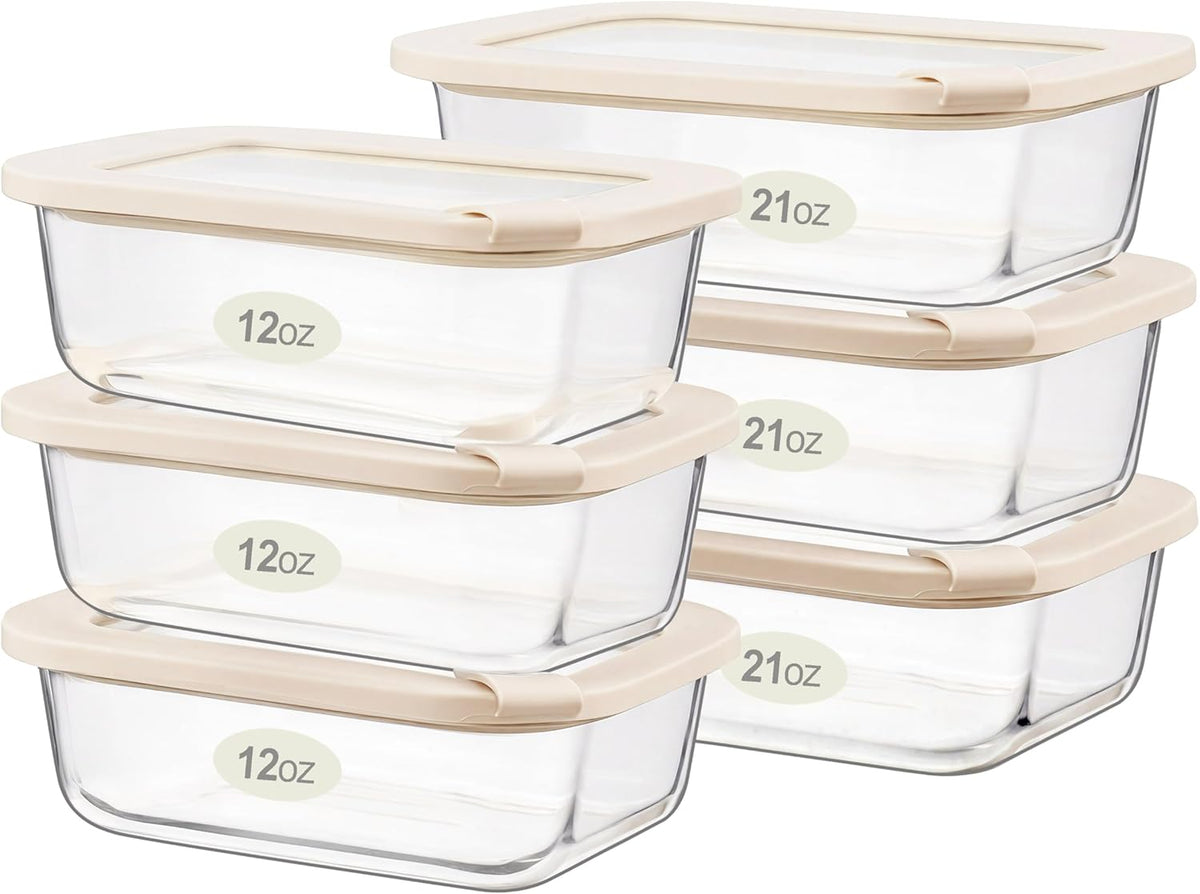 Glass Food Storage Containers with Glass Lids, Microwave Safe Food Container Set, Aitight Meal Prep Container Set, LeakProof, 100% Plastic Free, 6 Pack