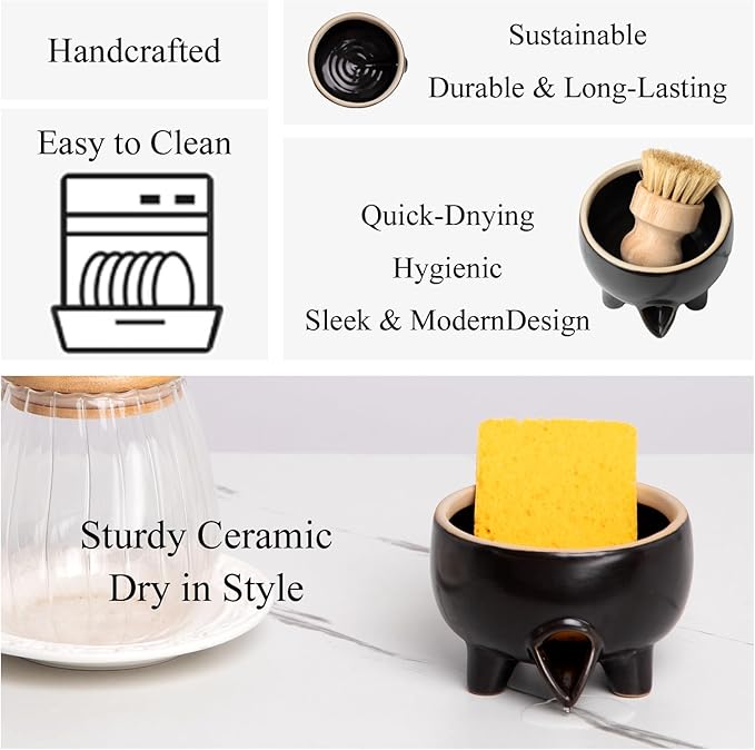 Ceramic Sponge Holder with Drainage, Modern Black Sink Caddy Organizer, Sponge Dish Rack for Soap, Brushes, Keeps Countertop Dry, Kitchen Sink Accessory