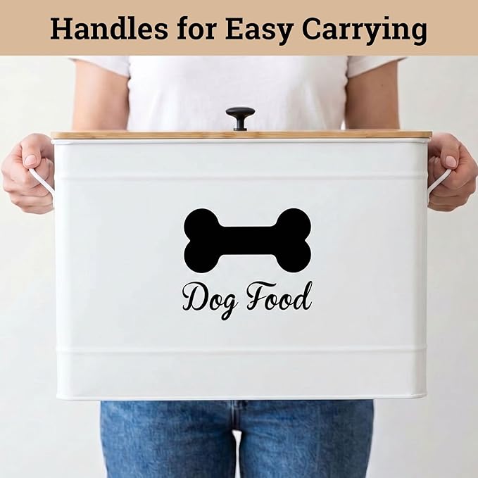 Dog Food Container Airtight 15-20 lb (70 Cup) Capacity with Metal Scoop - Cute Airtight Dog Food Storage Container with Bamboo Lid - White Metal Kibble Storage Bin for Dogs up to 100 lbs - Big Pet Jar