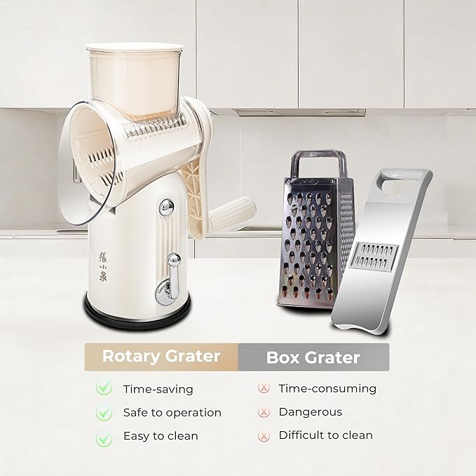 ZHANG XIAO QUAN SINCE 1628 Rotary Cheese Grater, Cheese Shredder with Stable Suction Base, Labor-Saving Vegetable Slicer for Kitchen, Mandoline Slicer & Food Chopper & Kitchen Prep Tool, 5-in-1, Beige