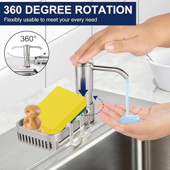 Soap Dispenser for Kitchen Sink, Built in Sink Soap Dispenser Pump with Sponge Holder, Brushed Nickel ABS Sink Dish Soap Dispensers Under Counter, with 39" Extension Tube Kit,No Refill Needed