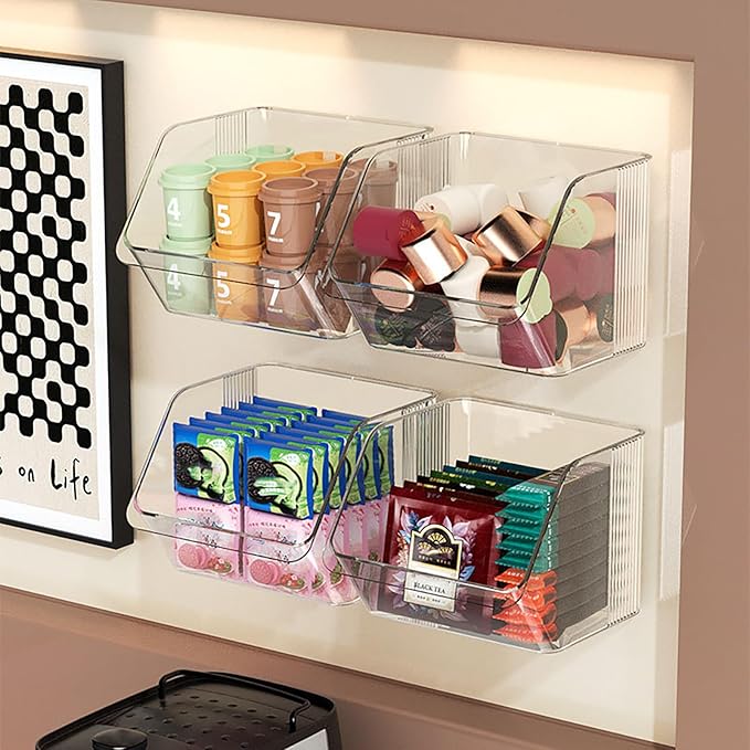 3-Pack Small Clear Acrylic Wall Mounted Storage Baskets, Adhesive Wall Mounted Storage Bins for Cabinet, Kitchen, Pantry, Bathroom
