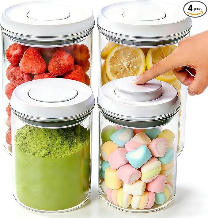 Airtight Pop Top Food Storage Container Sets with Lids 4Pcs Round Pop Containers for Kitchen Pantry Organization BPA-Free Stackable Kitchen Storage Containers for Cereal Flour Sugar (0.6, 1.7qt)*2