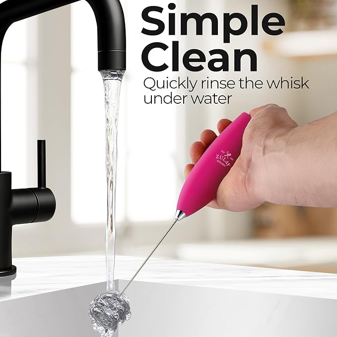 Zulay Kitchen Powerful Milk Frother Wand With Duracell Batteries - Ultra Fast Handheld Drink Mixer - Electric Whisk Foam Maker for Coffee, Lattes, Cappuccino & Matcha - Triple Whisk - Magenta Gold